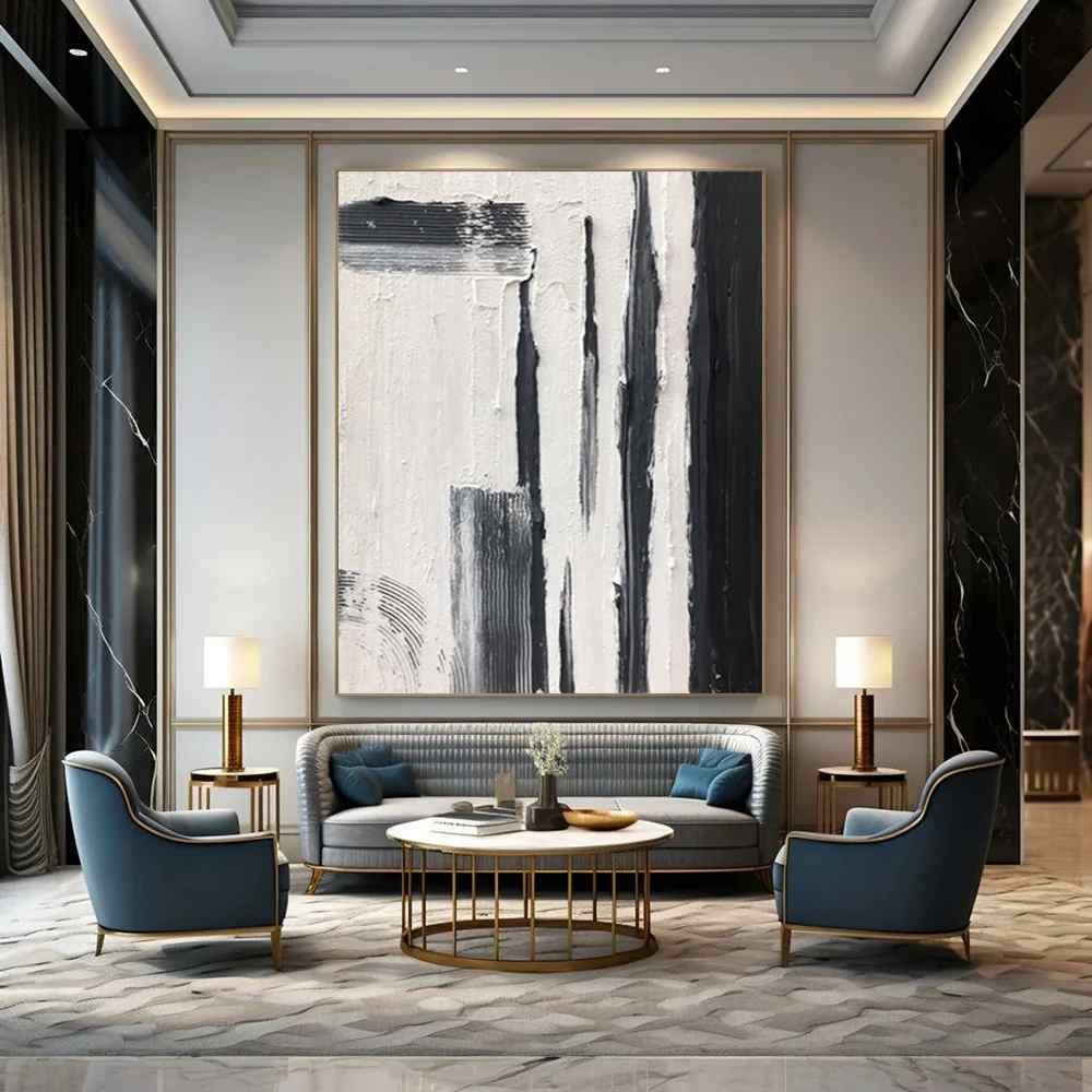 Oversized Black White - large textured art for fireplace